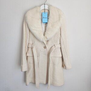 Marciano Cream Wool Blend Belted Coat Faux Fur Collar M